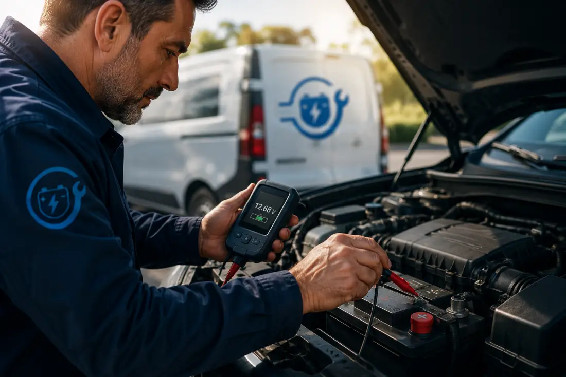 Technicien mesurant la tension d'une batterie auto
